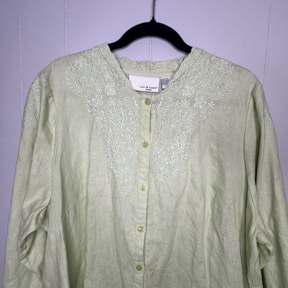 Lucy & Laurel Woman Plus Size 2X Green Blouse 100% Linen Button Up Embroidered - Picture 3 of 12
